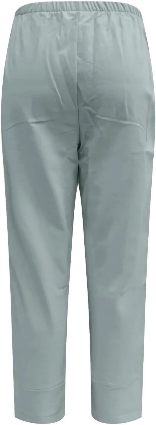 Cotton Linen Pants for Women Capris Plus Size Wide Leg Sweatpants Summer Beach Cropped Elastic Waist Capri Trousers