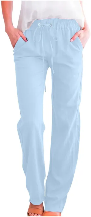 Cotton Linen Pants for Women Drawstring Straight Leg Trousers Lightweight High Waist Casual Pant Beach Travel Clothes