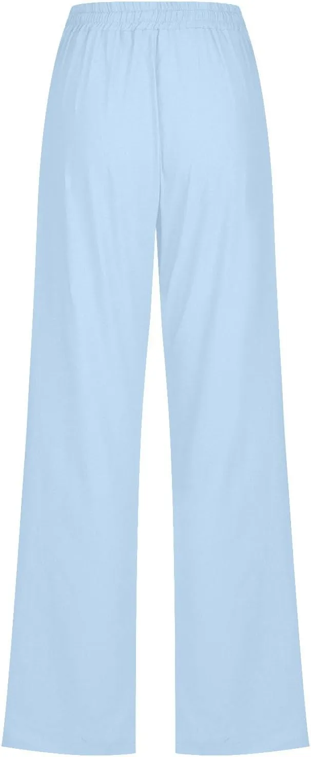 Cotton Linen Pants for Women Drawstring Straight Leg Trousers Lightweight High Waist Casual Pant Beach Travel Clothes