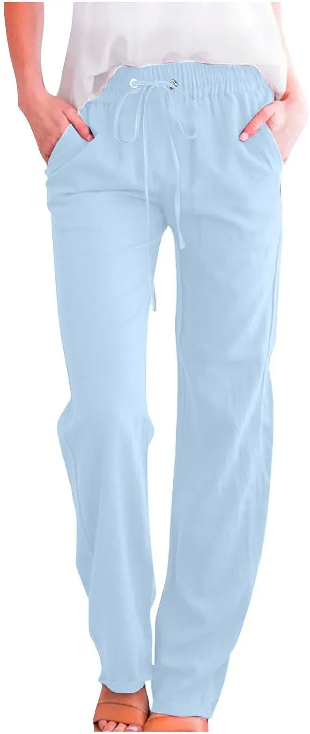Cotton Linen Pants for Women Drawstring Straight Leg Trousers Lightweight High Waist Casual Pant Beach Travel Clothes