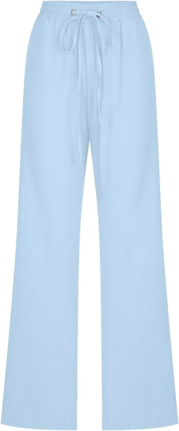 Cotton Linen Pants for Women Drawstring Straight Leg Trousers Lightweight High Waist Casual Pant Beach Travel Clothes