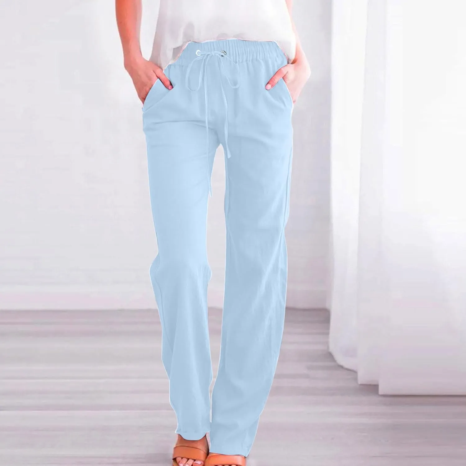 Cotton Linen Pants for Women Drawstring Straight Leg Trousers Lightweight High Waist Casual Pant Beach Travel Clothes