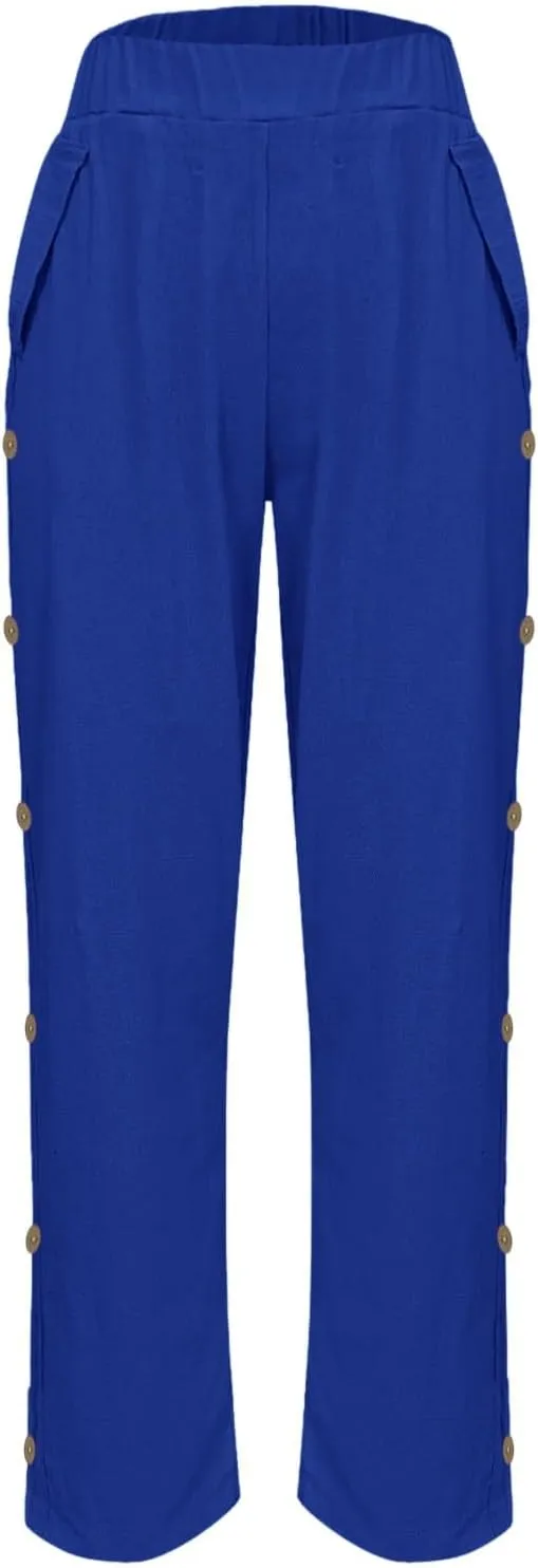 Cotton Linen Pants for Women Loose Fit Buttons Wide Leg Pants Drawstring Elastic Trousers Straight Leg Pants with Pockets