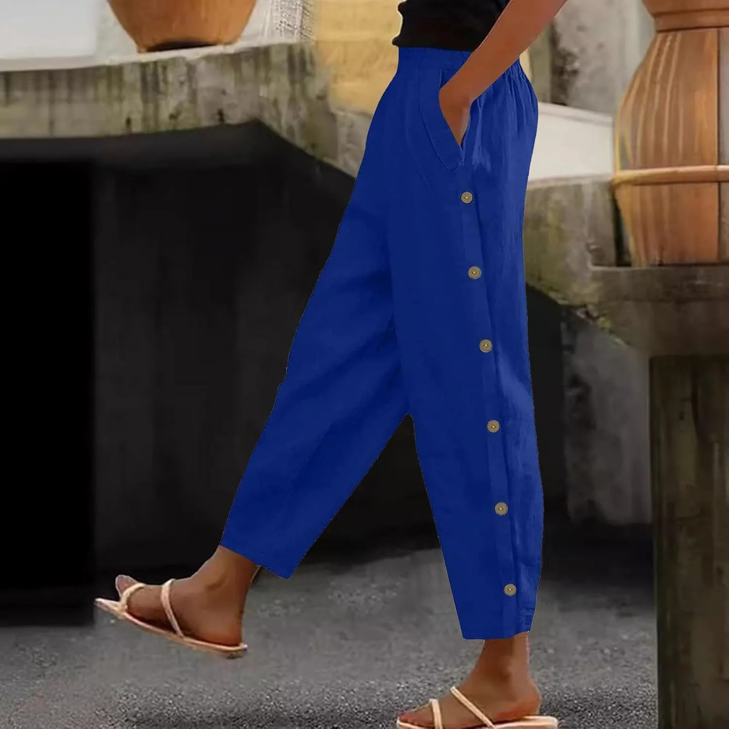 Cotton Linen Pants for Women Loose Fit Buttons Wide Leg Pants Drawstring Elastic Trousers Straight Leg Pants with Pockets
