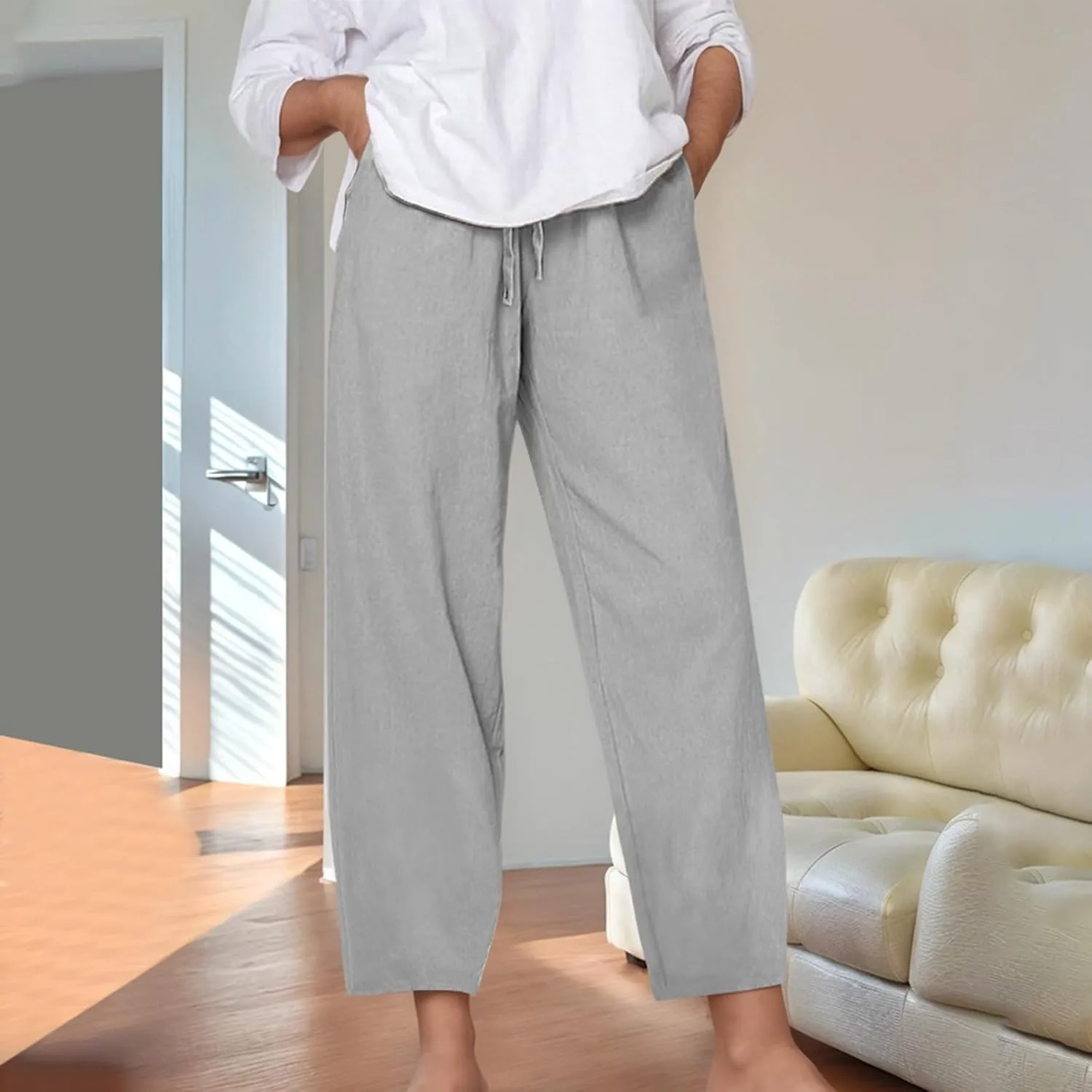 Cotton Linen Pants for Women Summer Casual Capri Pants Waist Elastic Comfy Loose Women's Palazzo Trousers with Pockets