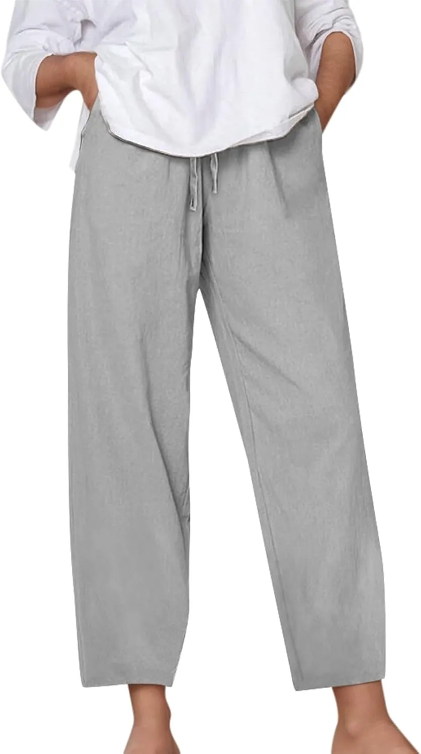Cotton Linen Pants for Women Summer Casual Capri Pants Waist Elastic Comfy Loose Women's Palazzo Trousers with Pockets