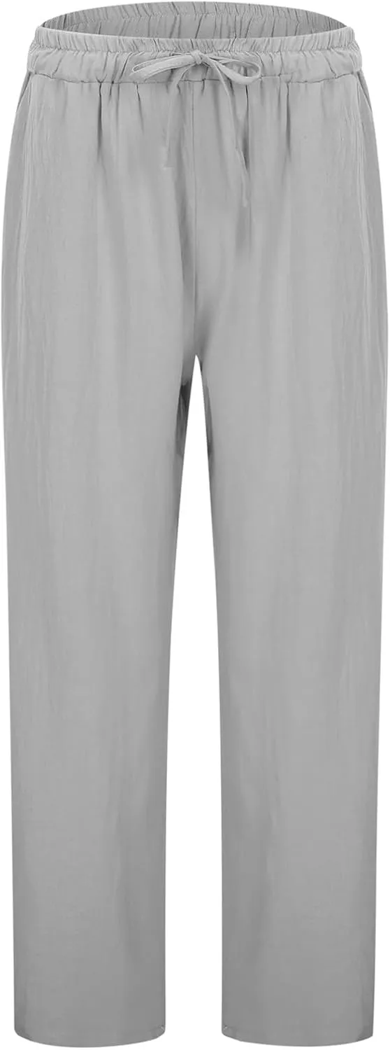 Cotton Linen Pants for Women Summer Casual Capri Pants Waist Elastic Comfy Loose Women's Palazzo Trousers with Pockets