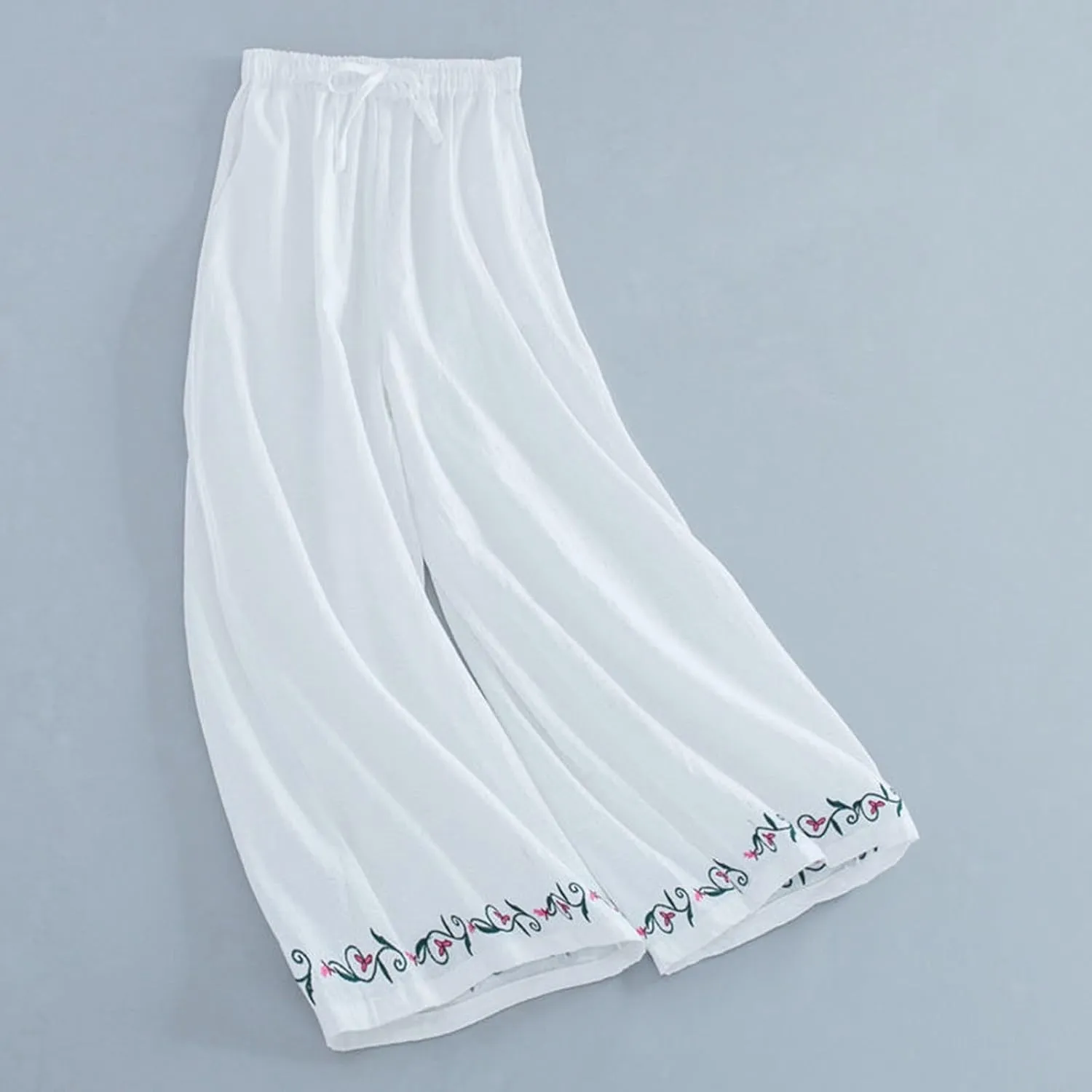 Cotton Linen Pants for Womens Bottom Floral Print Elastic Waist Drawstring Wide Leg Trousers 2025 Summer Casual Pants