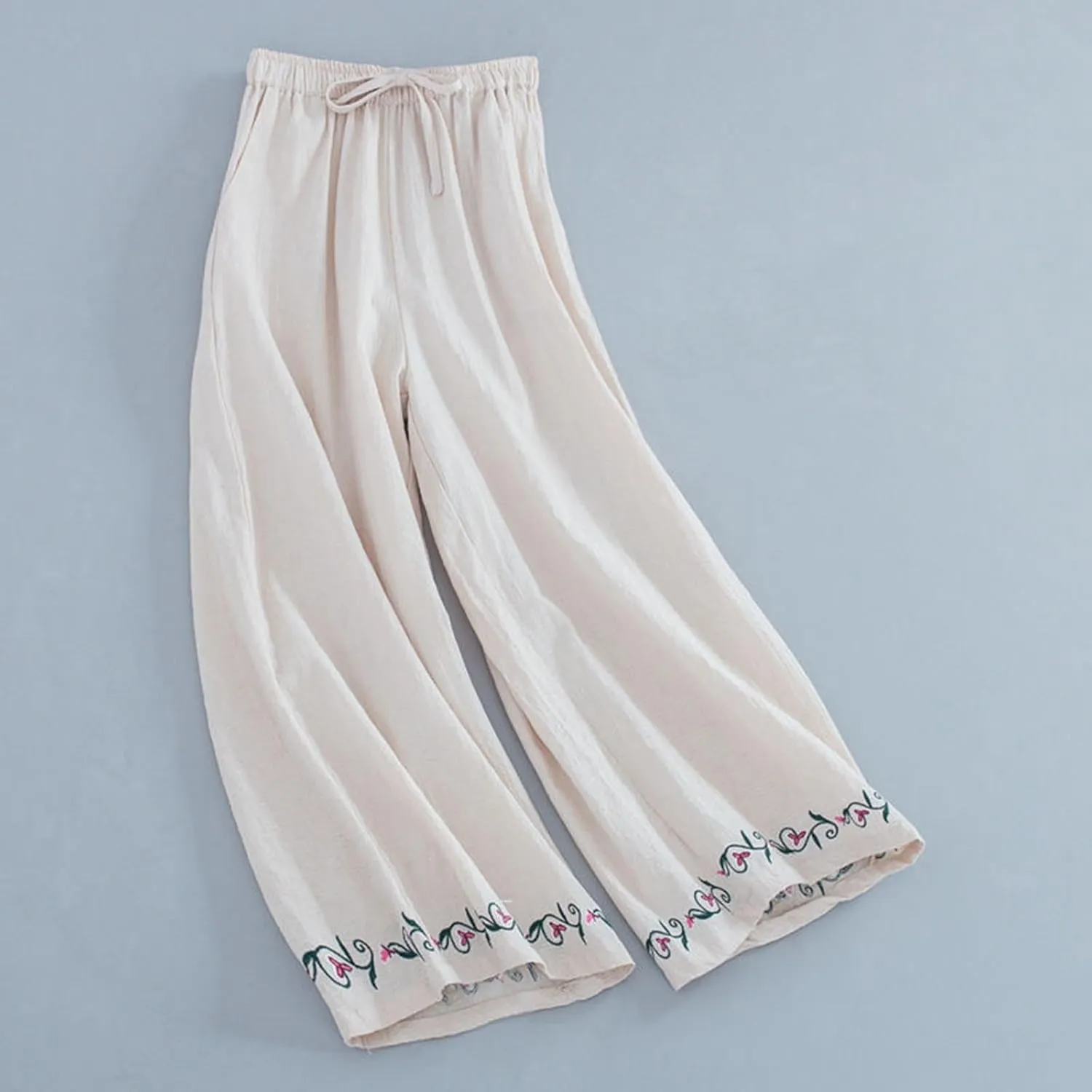 Cotton Linen Pants for Womens Bottom Floral Print Elastic Waist Drawstring Wide Leg Trousers 2025 Summer Casual Pants