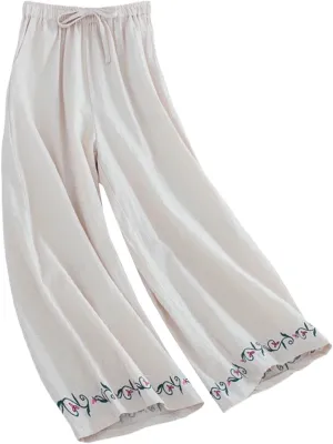 Cotton Linen Pants for Womens Bottom Floral Print Elastic Waist Drawstring Wide Leg Trousers 2025 Summer Casual Pants