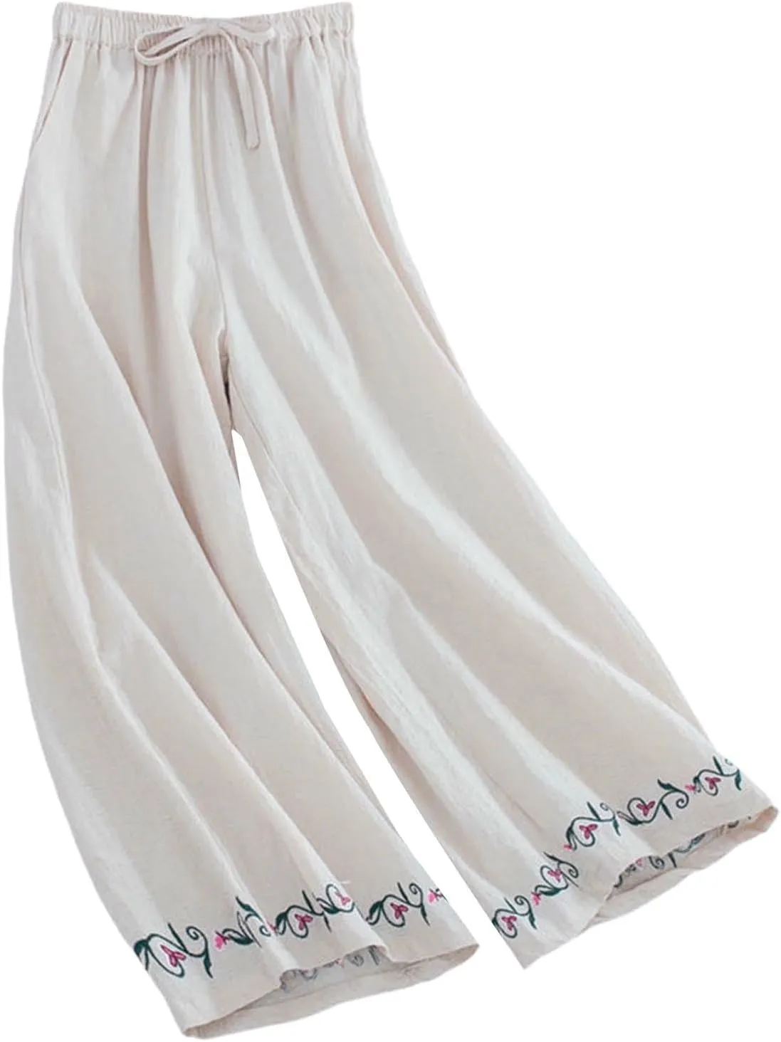 Cotton Linen Pants for Womens Bottom Floral Print Elastic Waist Drawstring Wide Leg Trousers 2025 Summer Casual Pants