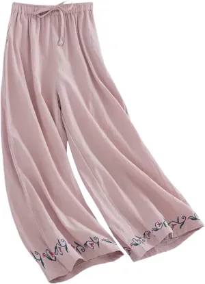 Cotton Linen Pants for Womens Bottom Floral Print Elastic Waist Drawstring Wide Leg Trousers 2025 Summer Casual Pants