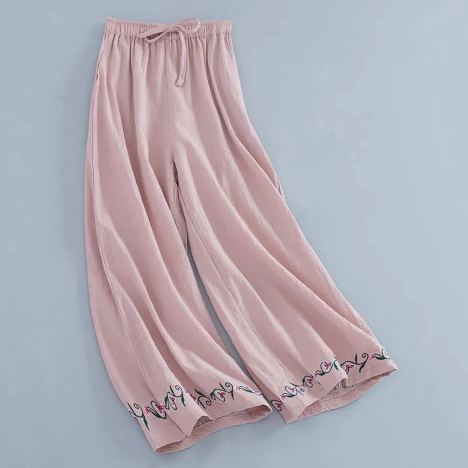 Cotton Linen Pants for Womens Bottom Floral Print Elastic Waist Drawstring Wide Leg Trousers 2025 Summer Casual Pants