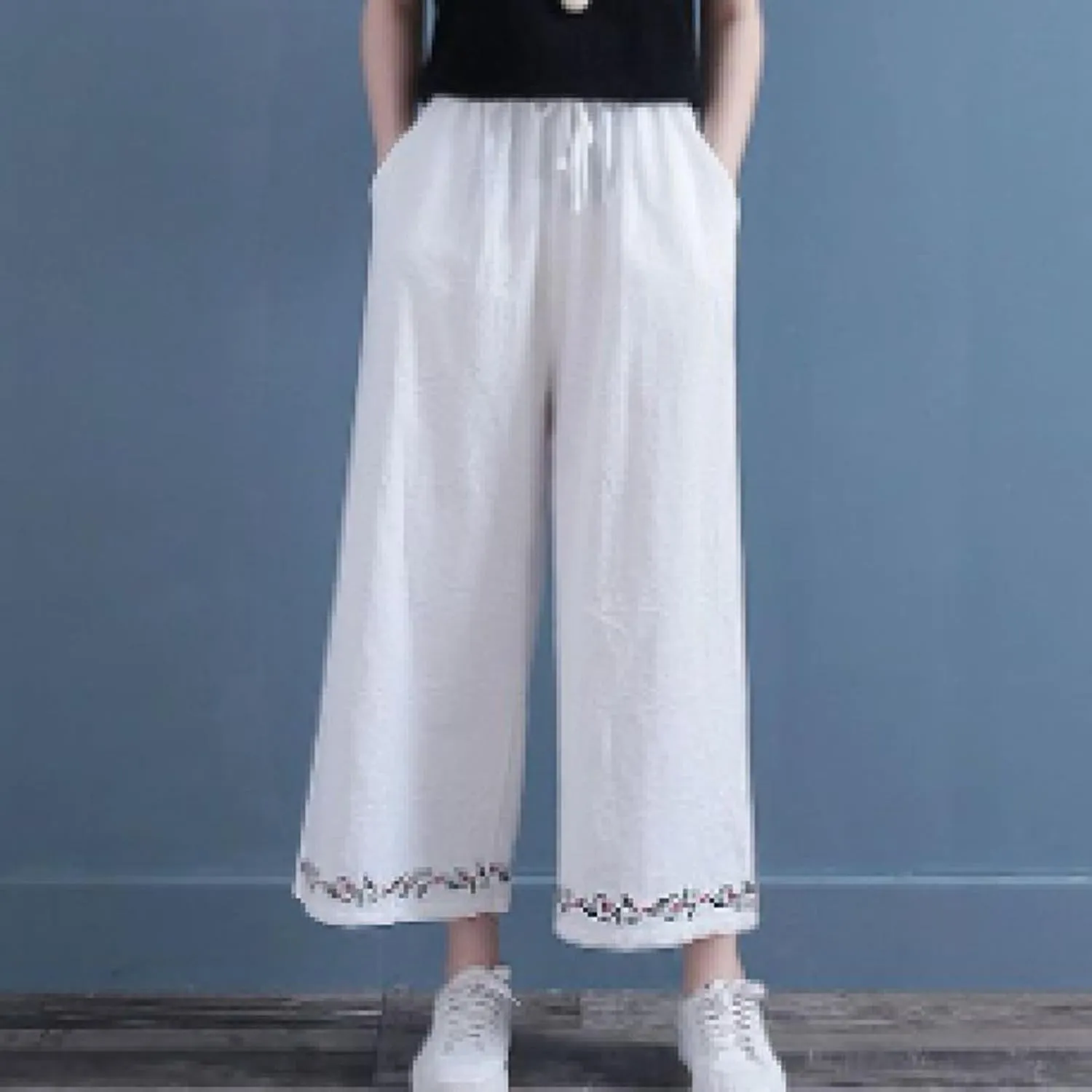 Cotton Linen Pants for Womens Bottom Floral Print Elastic Waist Drawstring Wide Leg Trousers 2025 Summer Casual Pants