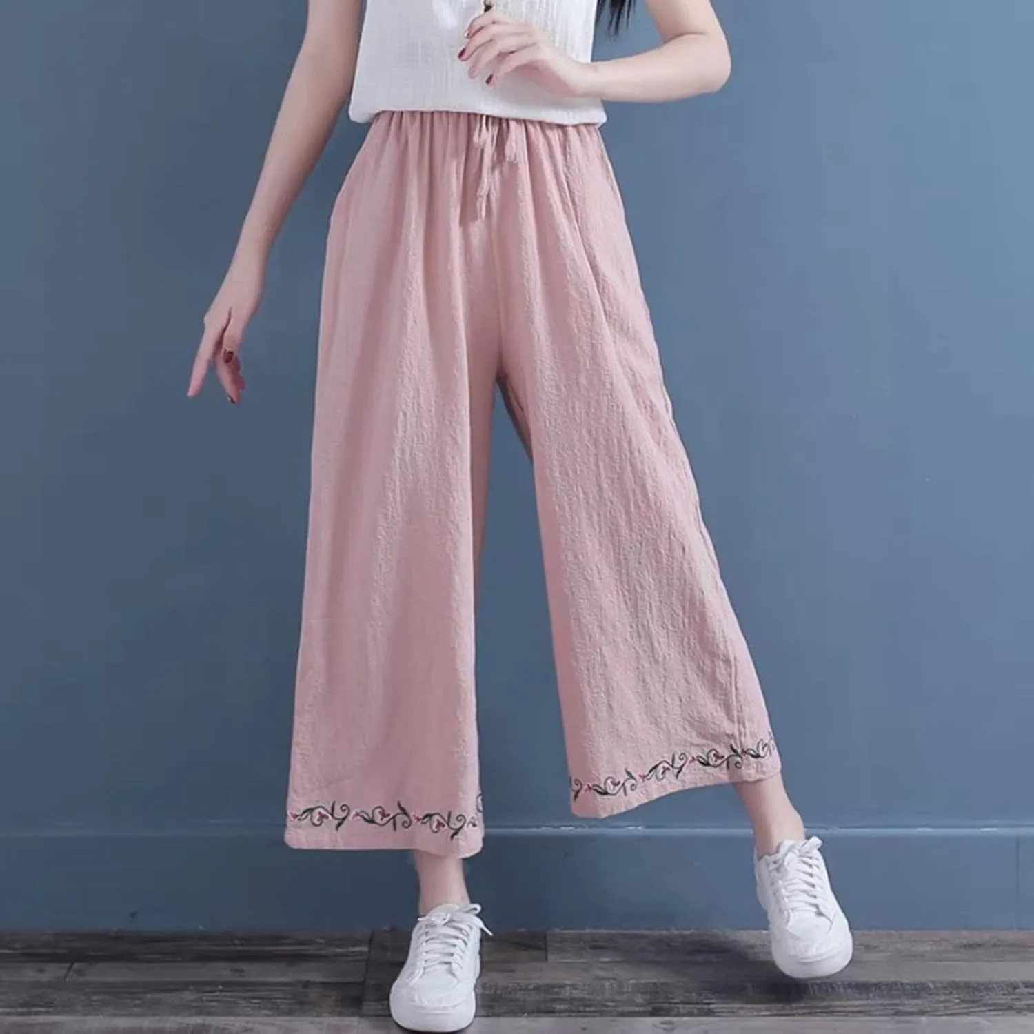Cotton Linen Pants for Womens Bottom Floral Print Elastic Waist Drawstring Wide Leg Trousers 2025 Summer Casual Pants
