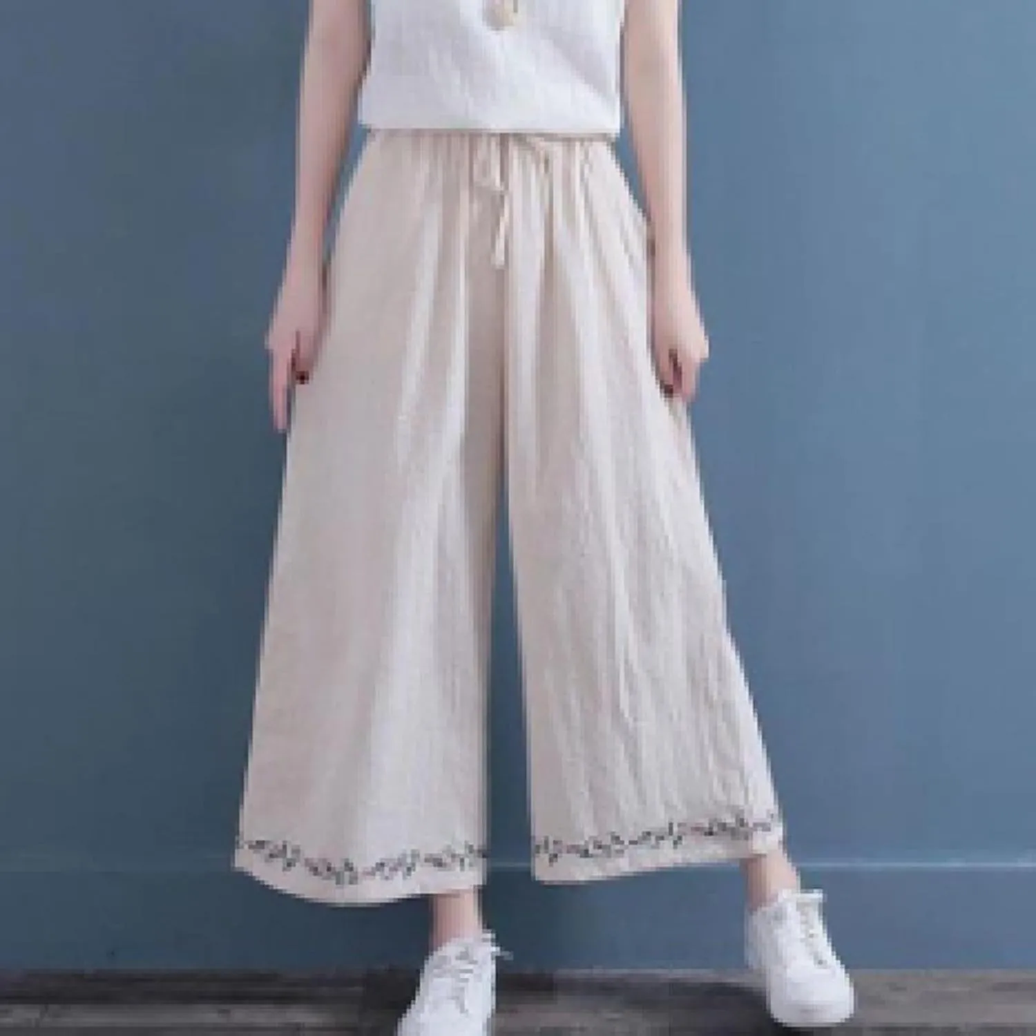 Cotton Linen Pants for Womens Bottom Floral Print Elastic Waist Drawstring Wide Leg Trousers 2025 Summer Casual Pants