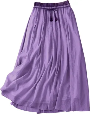 Cotton Linen Skirt for Women 2025 Trendy Solid Vintage Layered A-Line Flared Skirts Casual Elastic Waist Maxi Skirt