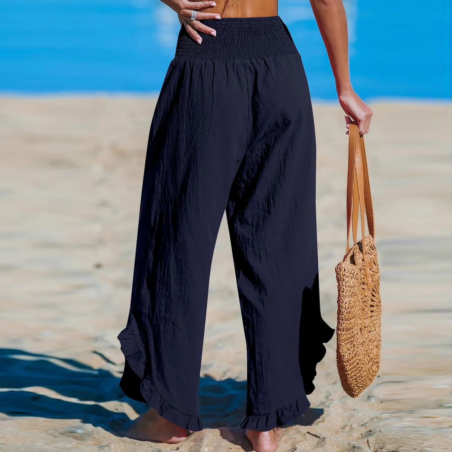 Cotton Linen Wide Leg Pants for Women Summer Casual Beach Stretch Smocked High Waisted Ruffle Hem Palazzo Pants