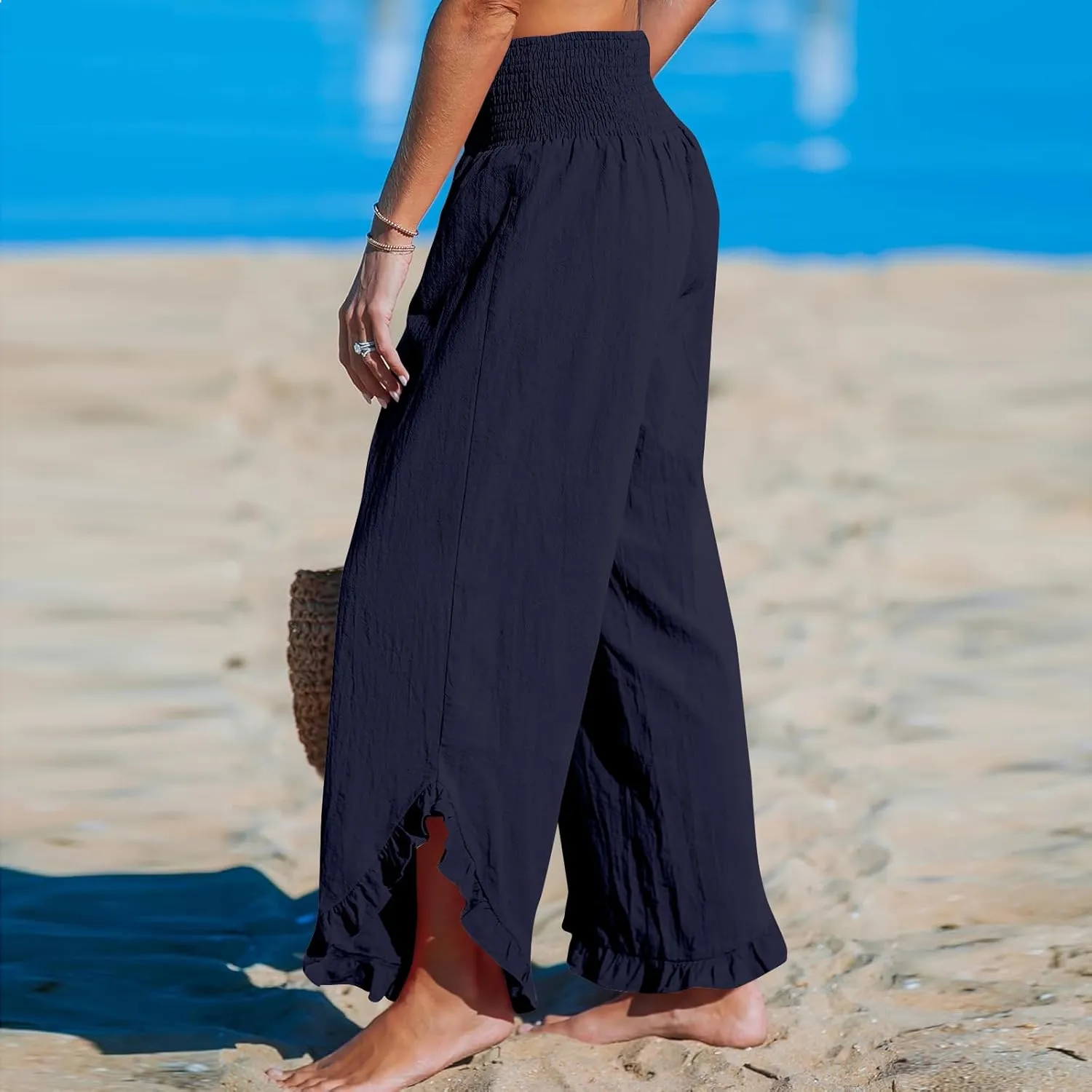 Cotton Linen Wide Leg Pants for Women Summer Casual Beach Stretch Smocked High Waisted Ruffle Hem Palazzo Pants