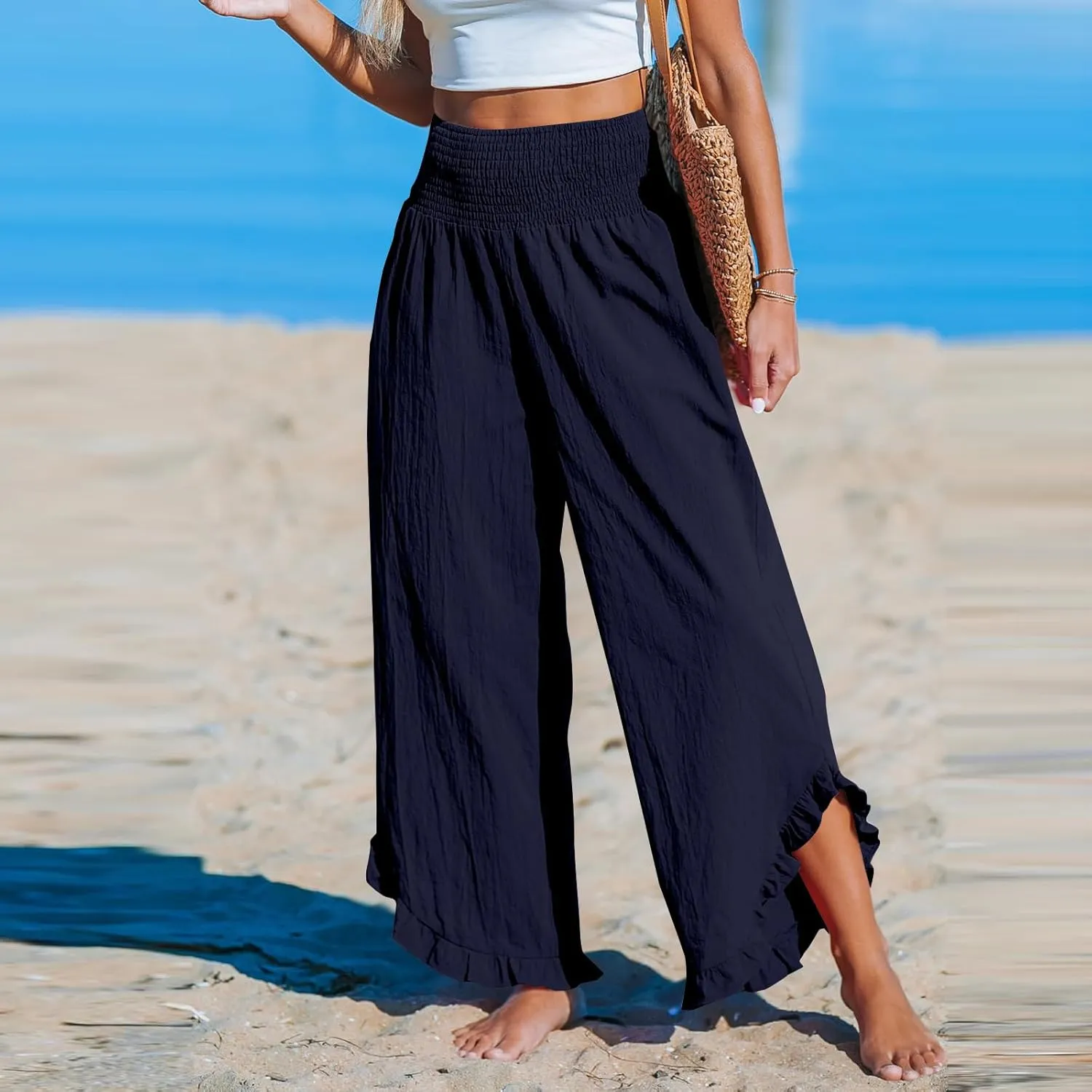 Cotton Linen Wide Leg Pants for Women Summer Casual Beach Stretch Smocked High Waisted Ruffle Hem Palazzo Pants