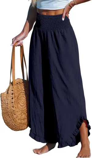 Cotton Linen Wide Leg Pants for Women Summer Casual Beach Stretch Smocked High Waisted Ruffle Hem Palazzo Pants