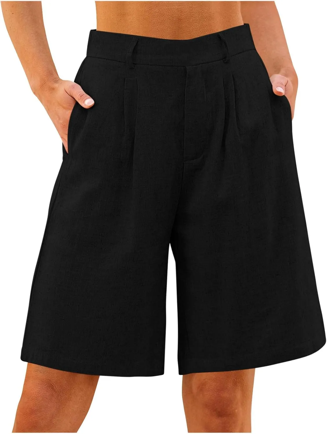 Cotton Linen Womens Bermuda Shorts Dressy Wide Leg Summer Shorts Pleated High Waisted Baggy Knee Length Short Pants