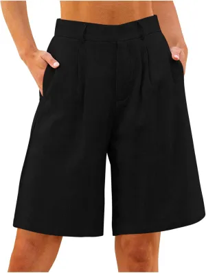 Cotton Linen Womens Bermuda Shorts Dressy Wide Leg Summer Shorts Pleated High Waisted Baggy Knee Length Short Pants