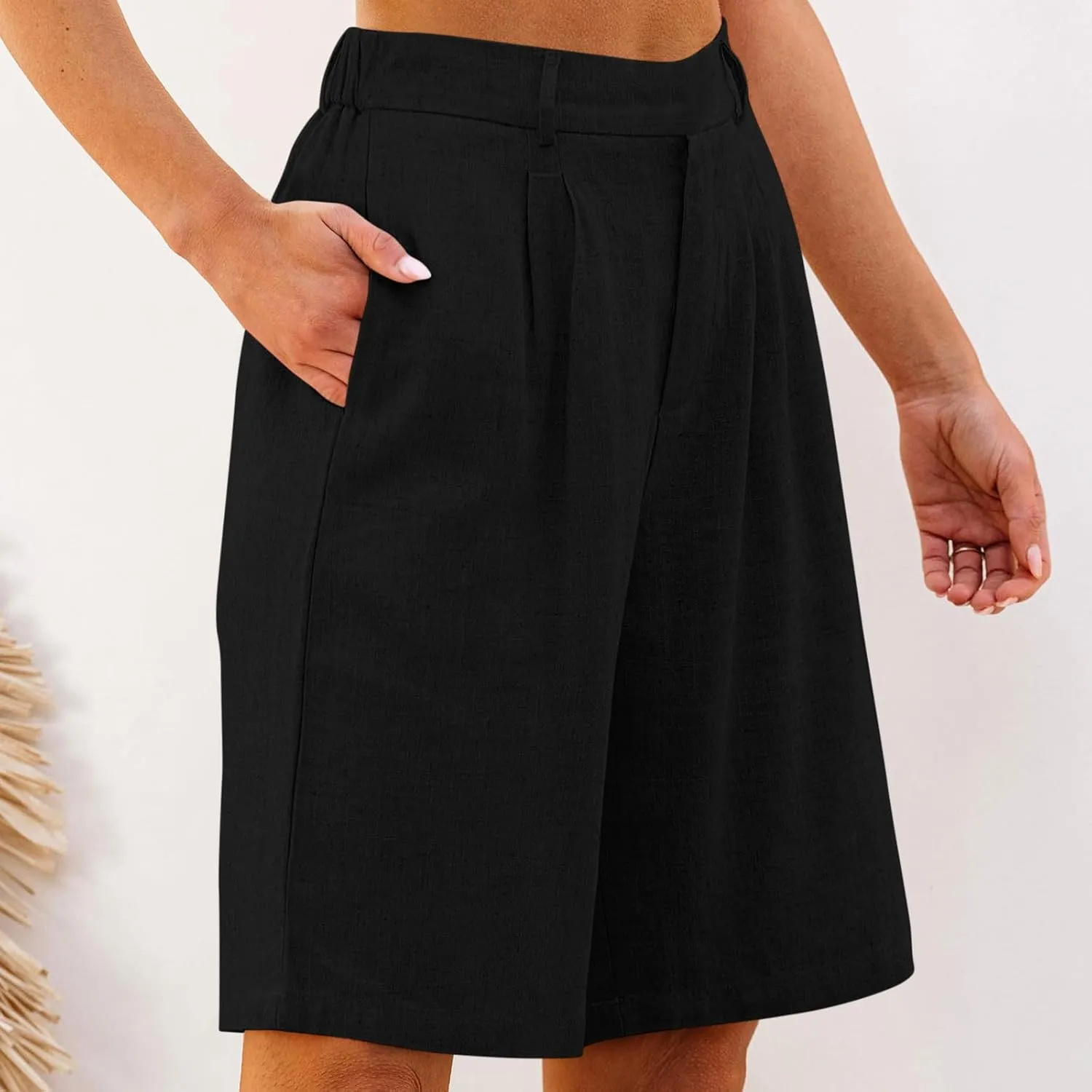 Cotton Linen Womens Bermuda Shorts Dressy Wide Leg Summer Shorts Pleated High Waisted Baggy Knee Length Short Pants
