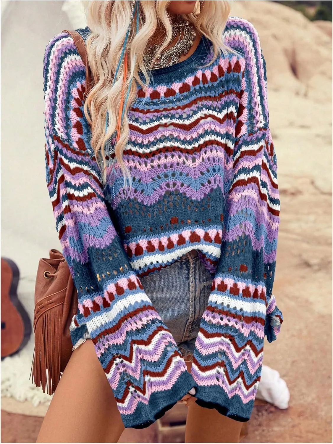 COZYEASE Women's Oversized Colorful Sweater Drop Shoulder Pullover Crochet Hollow Fall Outfit Sweater Tops