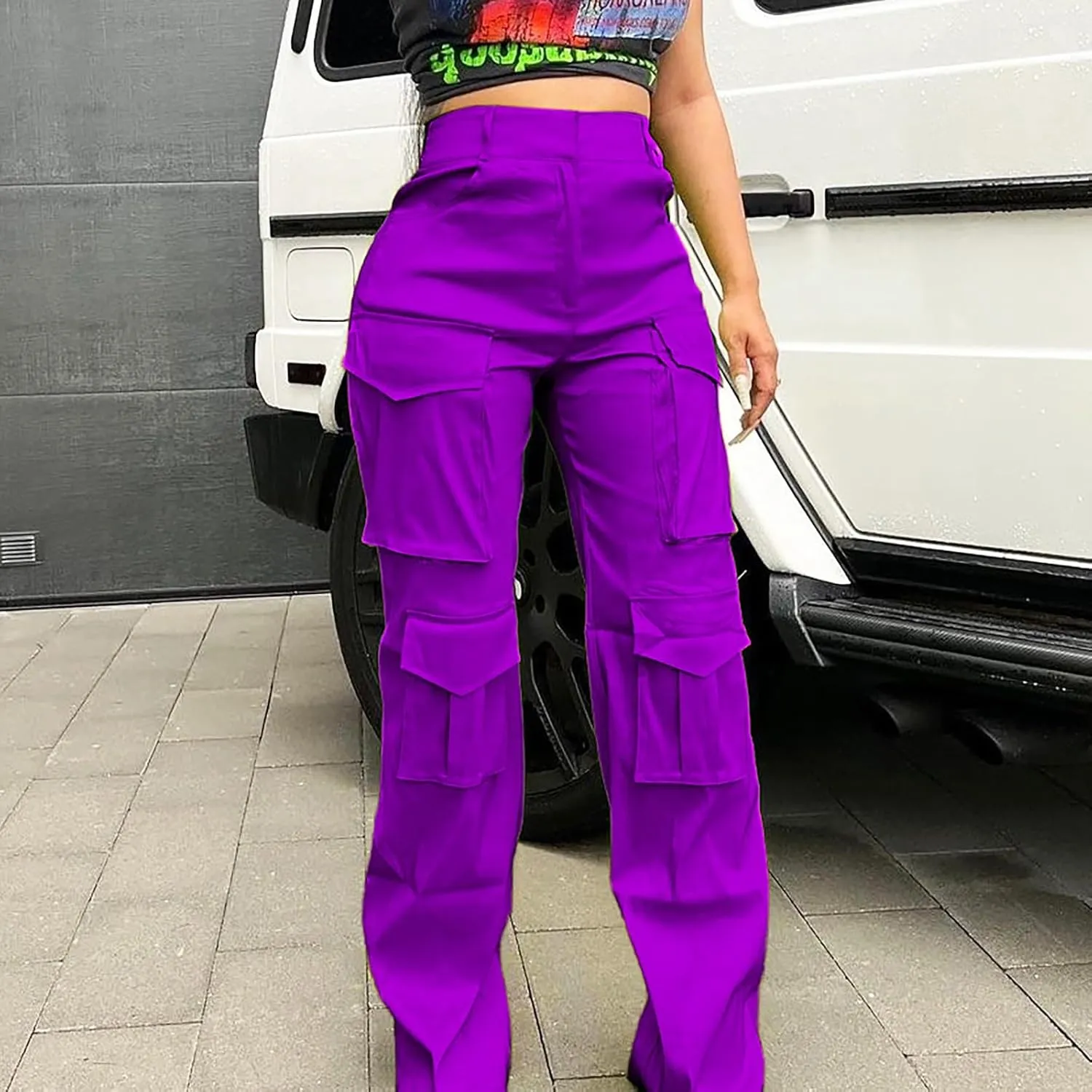 CRNTCEM Straight Leg Cargo Pants for Women Wide Leg Y2K Pants Vintage Streetwear Hip Hop Trousers with Multi Pockets