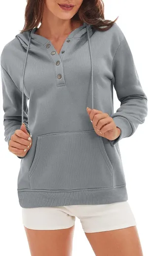 CRNTCEM Womens Button Up Hoodie Sweatshirts V Neck Casual Loose Long Sleeve Drawstring Oversized Pullover Tops with Pockets
