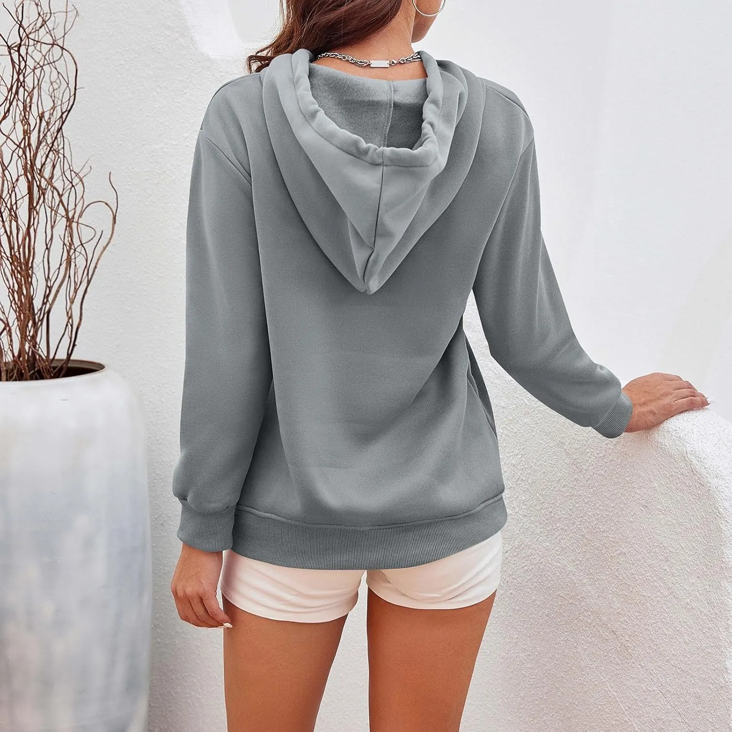 CRNTCEM Womens Button Up Hoodie Sweatshirts V Neck Casual Loose Long Sleeve Drawstring Oversized Pullover Tops with Pockets