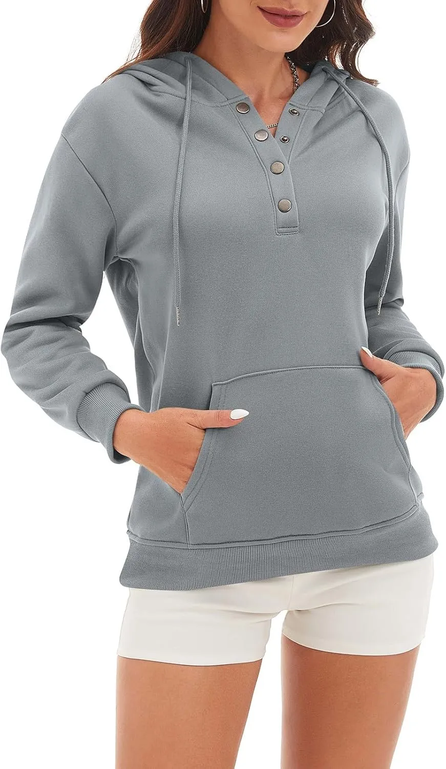 CRNTCEM Womens Button Up Hoodie Sweatshirts V Neck Casual Loose Long Sleeve Drawstring Oversized Pullover Tops with Pockets