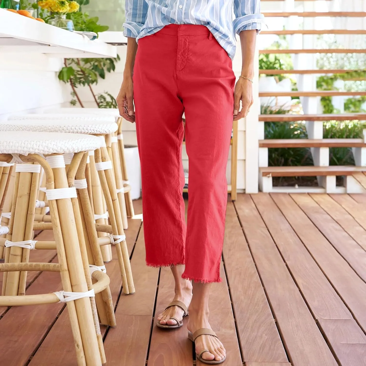 Cropped Linen Pants Women Dressy High Waisted Raw Hem Teacher Pants Summer Casual Summer Capris with Pockets