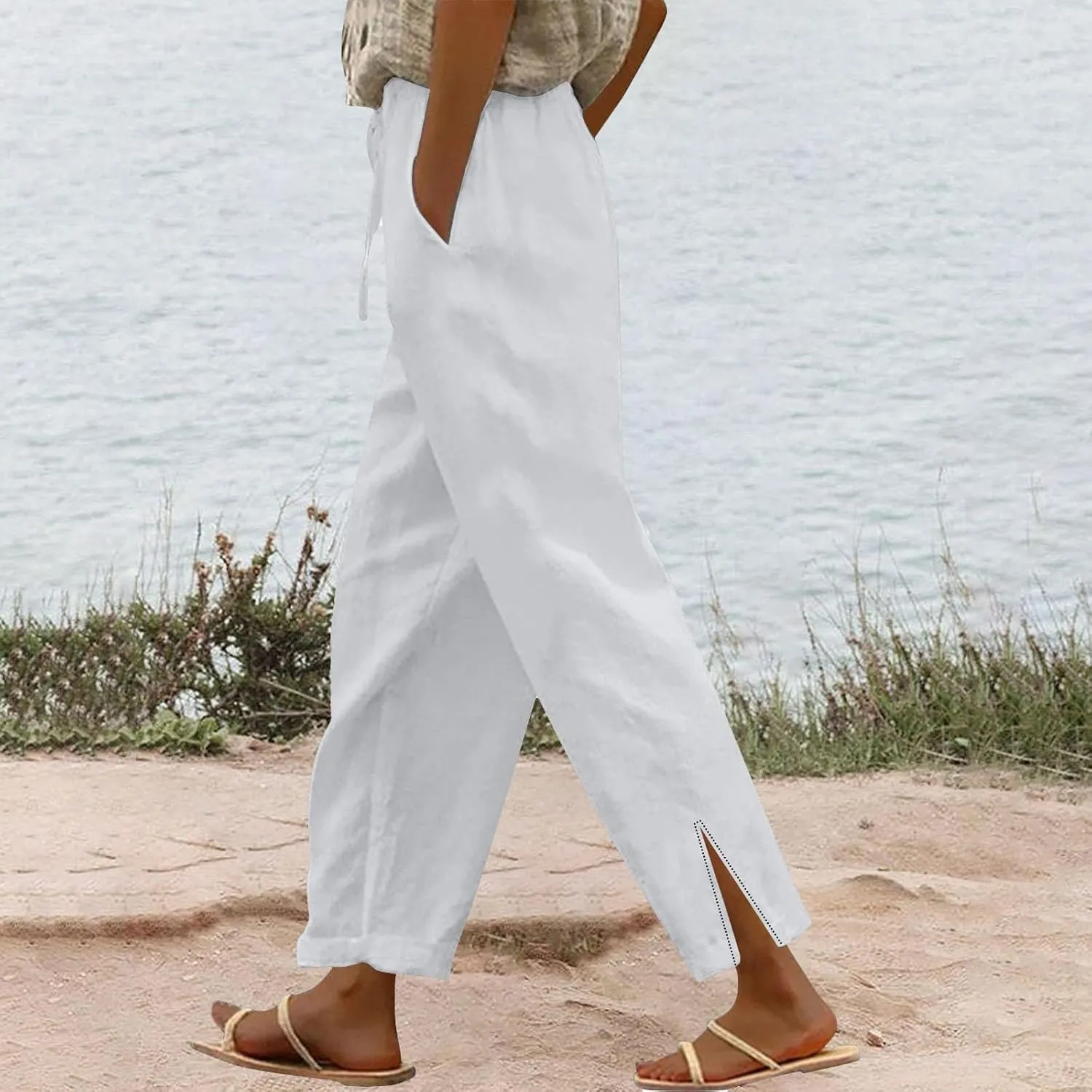 Cropped Linen Pants Women Summer Drawstring High Waisted Crop Lounge Pants Split Straight Leg Beach Pants with Pocket