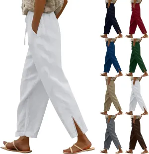 Cropped Linen Pants Women Summer Drawstring High Waisted Crop Lounge Pants Split Straight Leg Beach Pants with Pocket