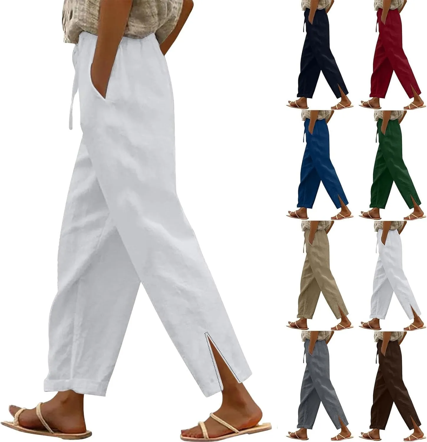 Cropped Linen Pants Women Summer Drawstring High Waisted Crop Lounge Pants Split Straight Leg Beach Pants with Pocket