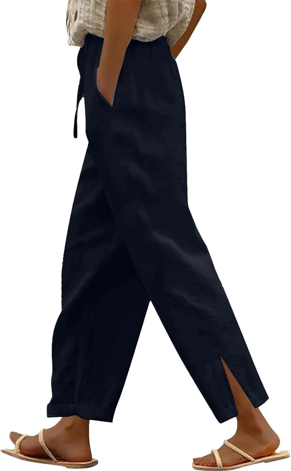 Cropped Linen Pants Women Summer Drawstring High Waisted Crop Lounge Pants Split Straight Leg Beach Pants with Pocket