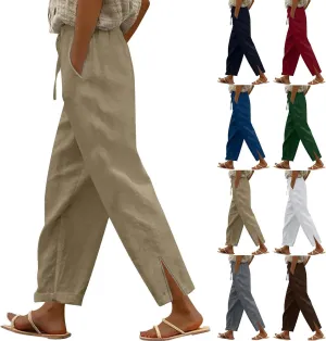 Cropped Linen Pants Women Summer Drawstring High Waisted Crop Lounge Pants Split Straight Leg Beach Pants with Pocket