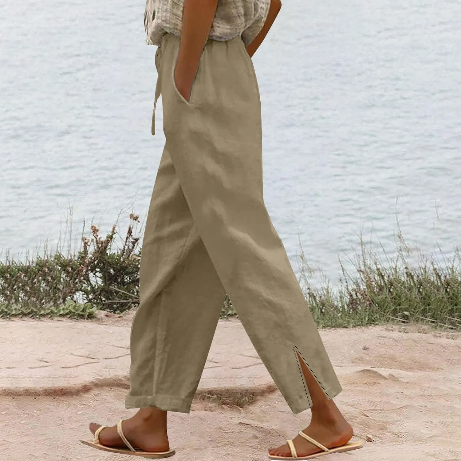 Cropped Linen Pants Women Summer Drawstring High Waisted Crop Lounge Pants Split Straight Leg Beach Pants with Pocket