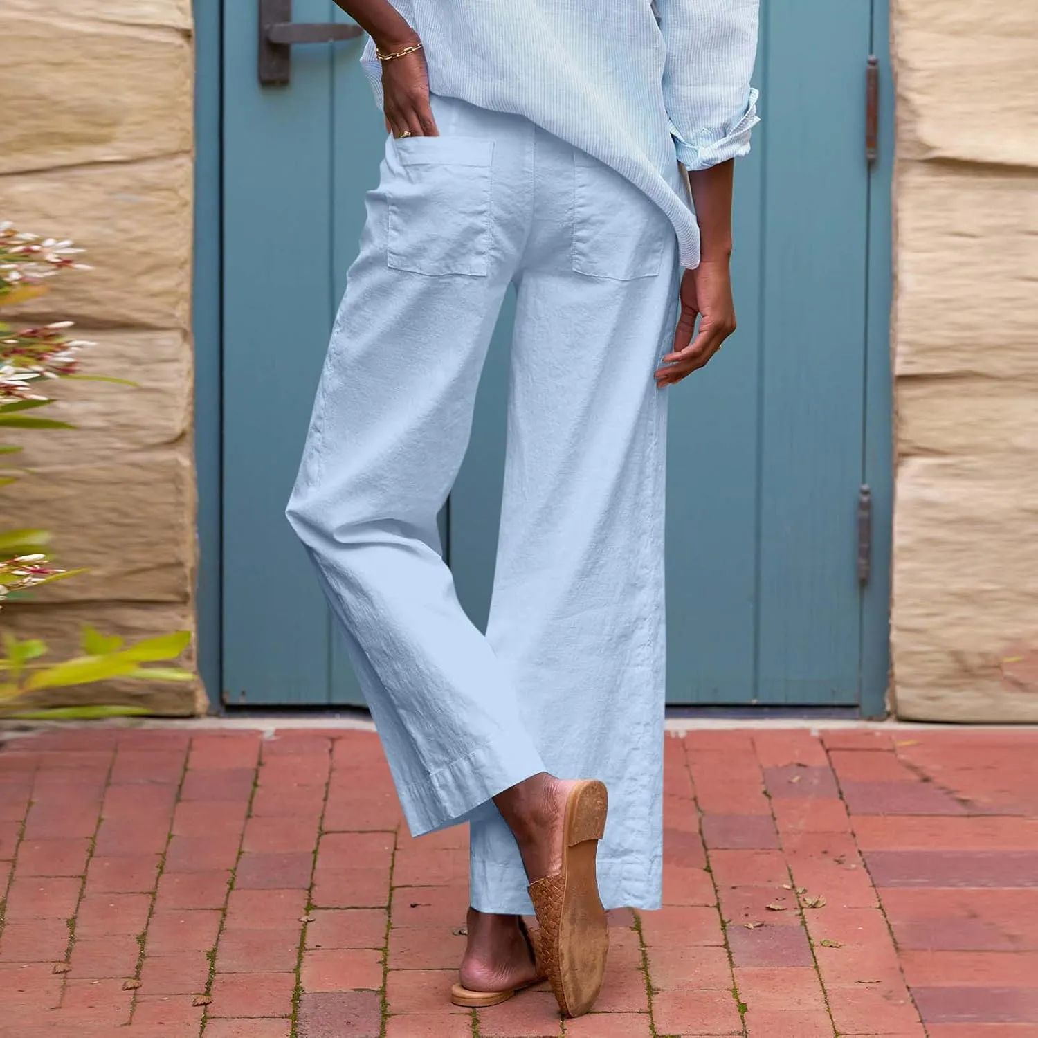 Cropped Linen Pants Women Summer Drawstring High Waisted Crop Palazzo Pants Dressy Casual Work Capris with Pockets