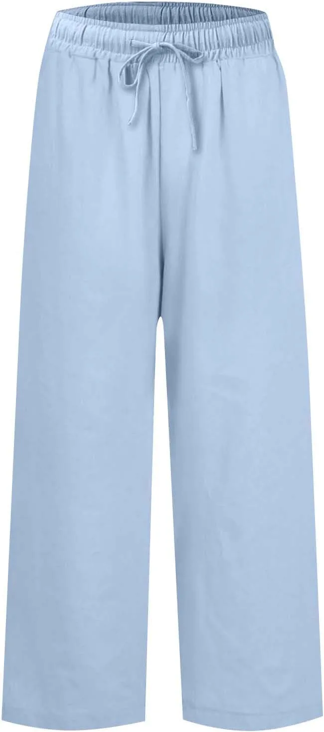 Cropped Linen Pants Women Summer Drawstring High Waisted Crop Palazzo Pants Dressy Casual Work Capris with Pockets