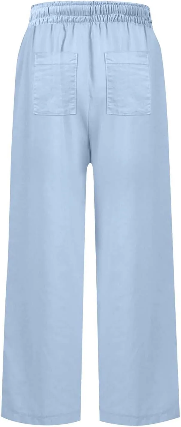 Cropped Linen Pants Women Summer Drawstring High Waisted Crop Palazzo Pants Dressy Casual Work Capris with Pockets