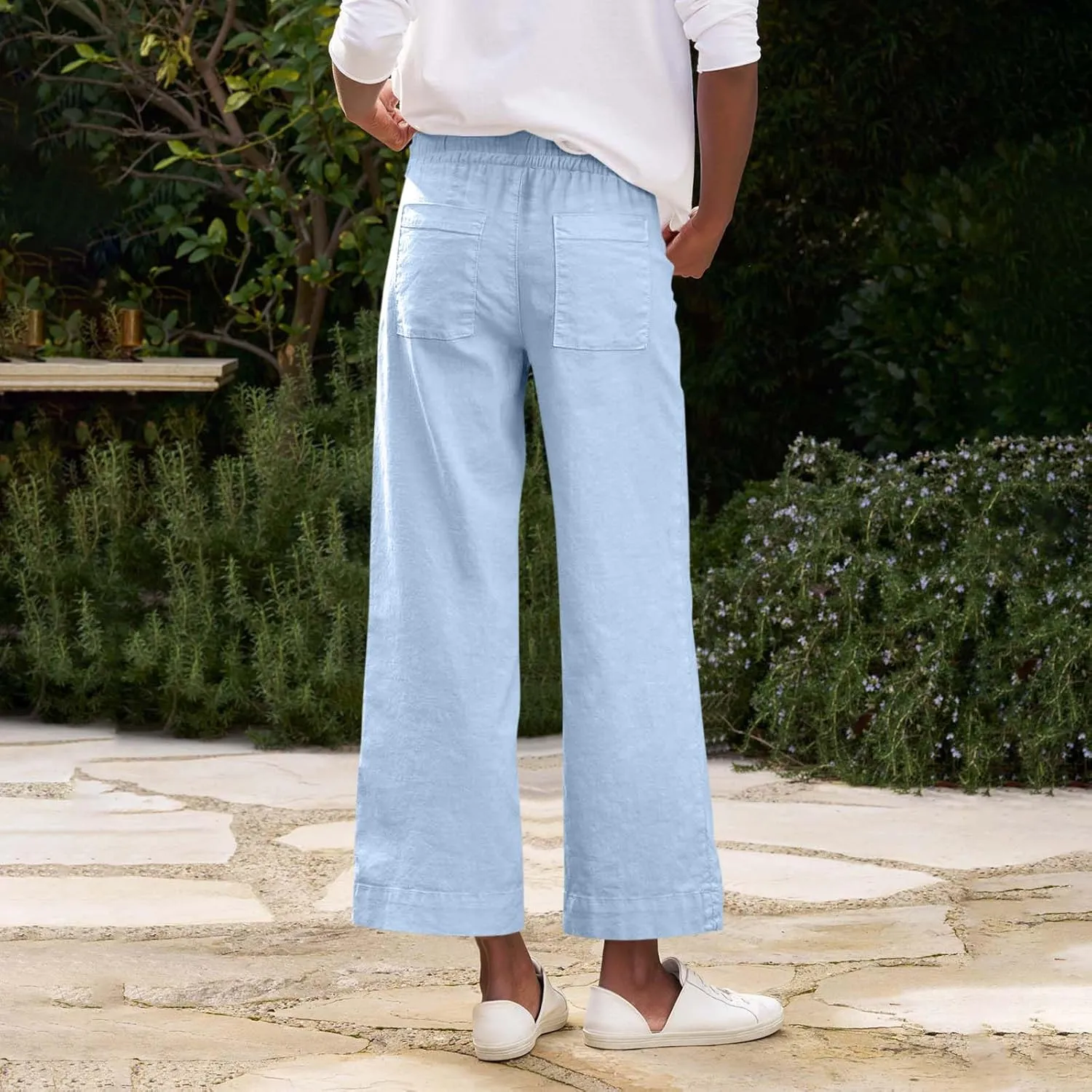 Cropped Linen Pants Women Summer Drawstring High Waisted Crop Palazzo Pants Dressy Casual Work Capris with Pockets