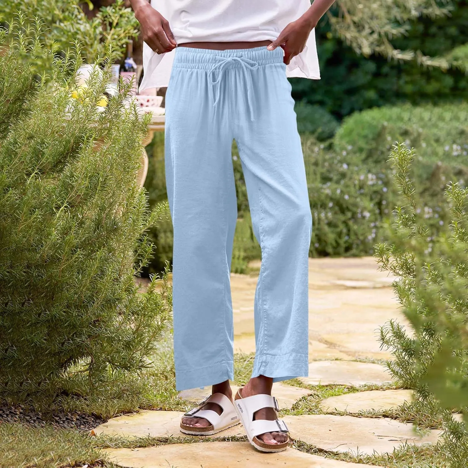 Cropped Linen Pants Women Summer Drawstring High Waisted Crop Palazzo Pants Dressy Casual Work Capris with Pockets