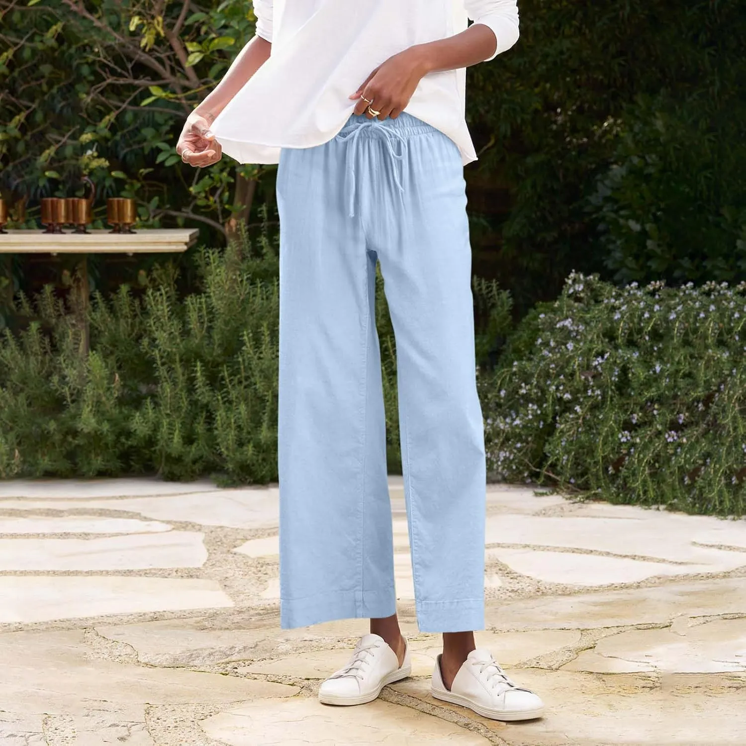 Cropped Linen Pants Women Summer Drawstring High Waisted Crop Palazzo Pants Dressy Casual Work Capris with Pockets