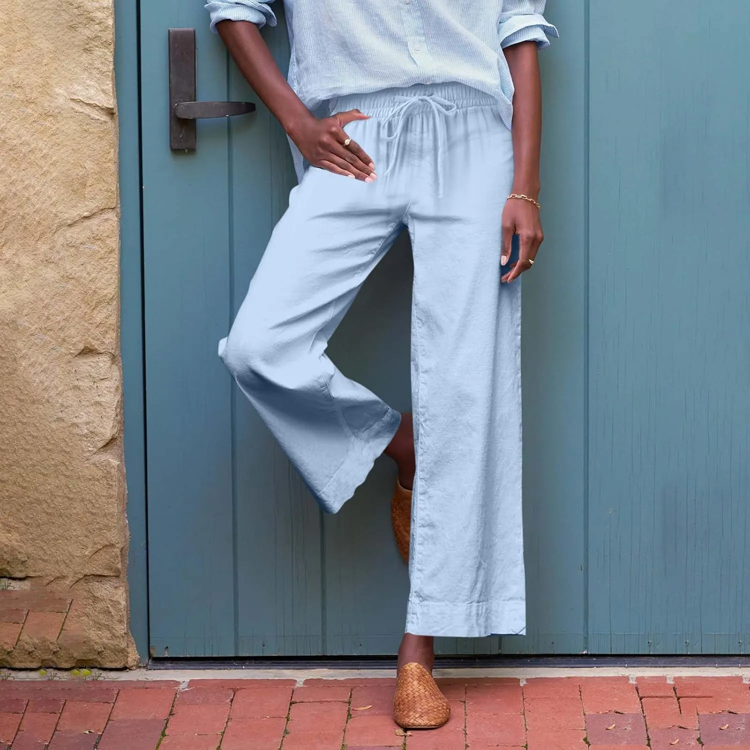 Cropped Linen Pants Women Summer Drawstring High Waisted Crop Palazzo Pants Dressy Casual Work Capris with Pockets