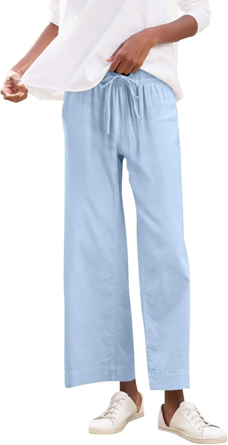 Cropped Linen Pants Women Summer Drawstring High Waisted Crop Palazzo Pants Dressy Casual Work Capris with Pockets