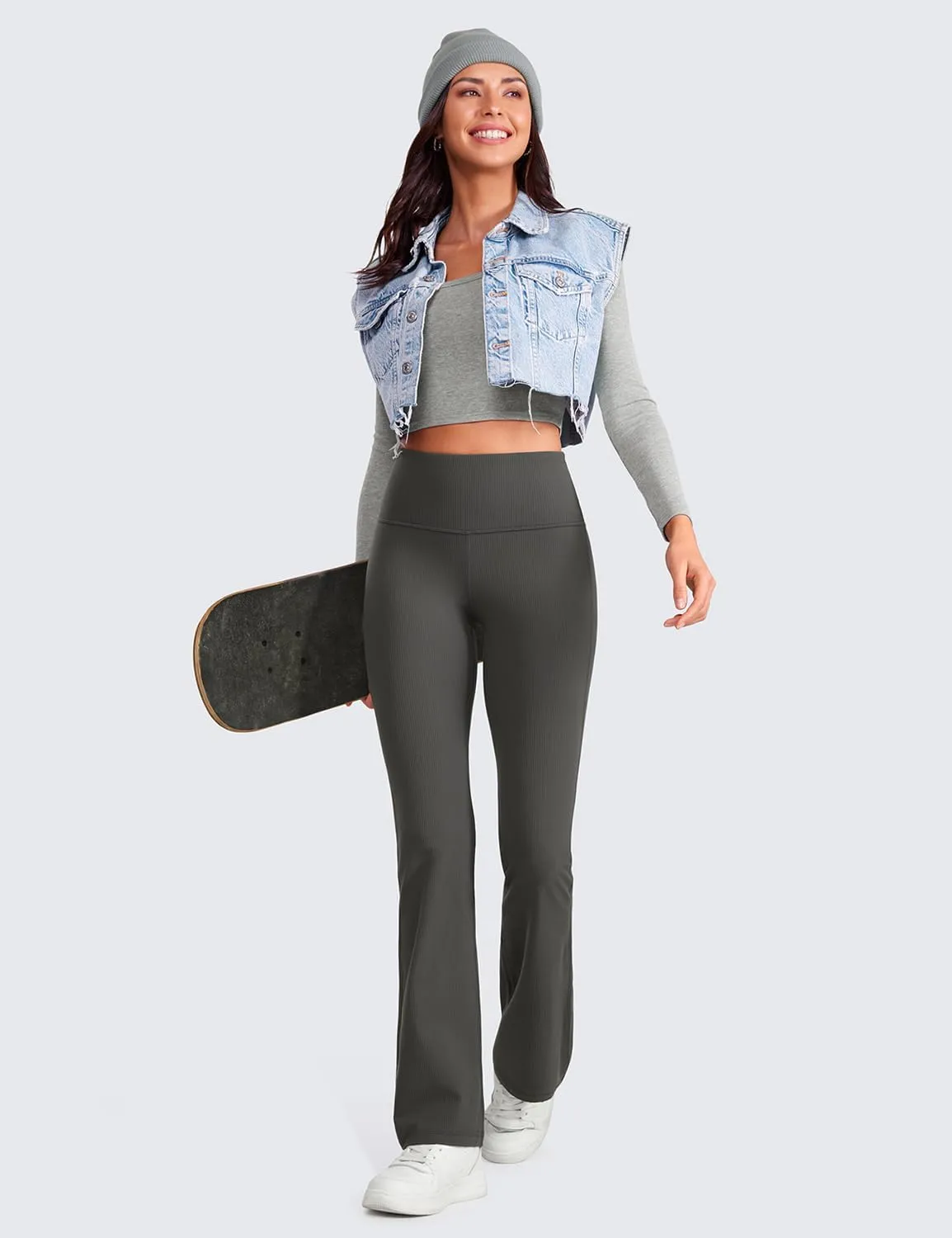 CRZ YOGA Womens Ribbed High Waist Flare Leggings 31" - Bootcut Wide Leg Yoga Pants with Pocket Soft Casual Lounge Comfy