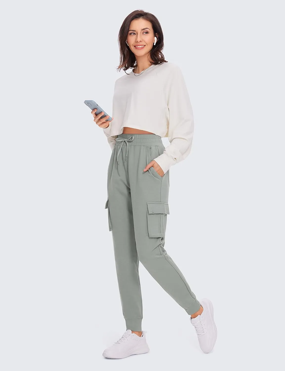 CRZ YOGA Womens Sweatpants Lightweight Cotton Cargo Joggers with 6 Pockets High Waisted Super Soft Casual Sweat Pants